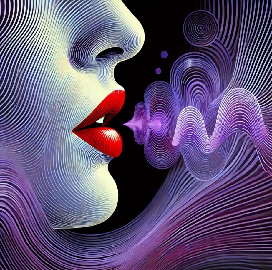 Abstract art of vibrant red lips emitting purple swirling patterns on a dark background.