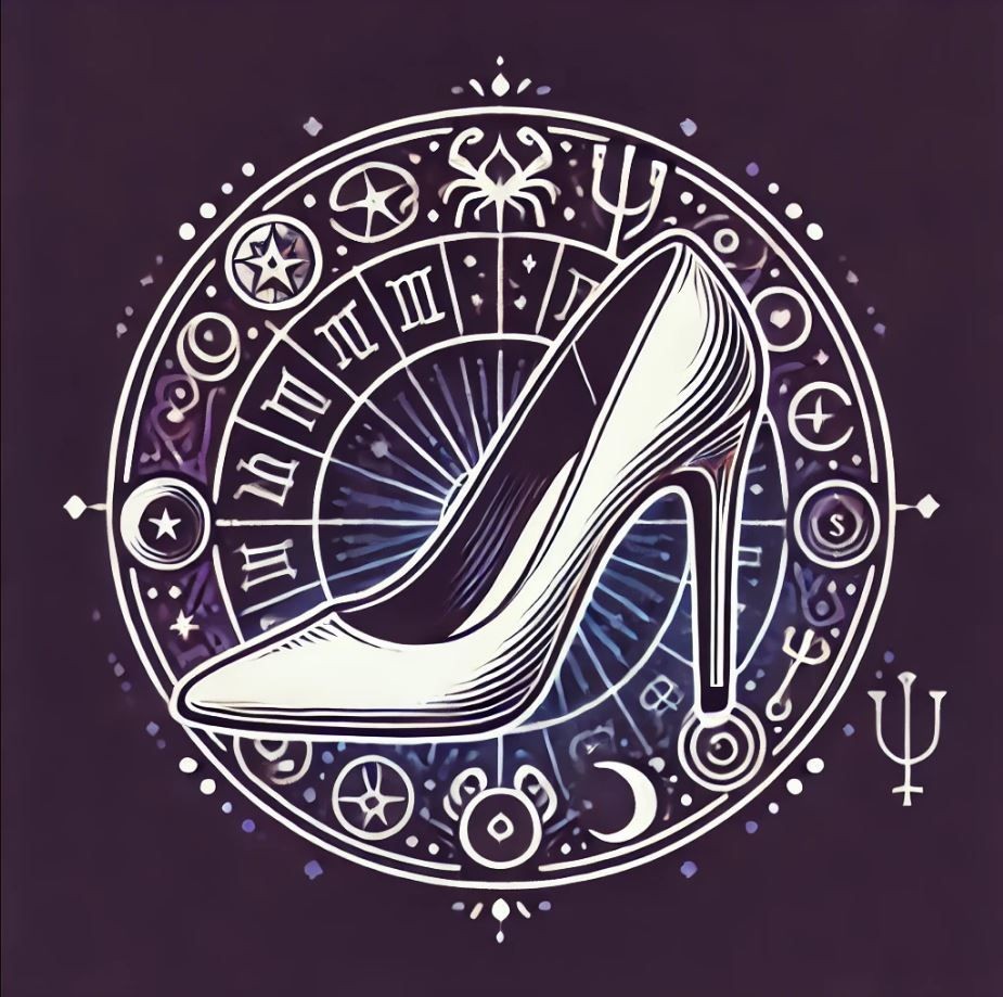 Illustration of a high heel shoe with a zodiac wheel background.