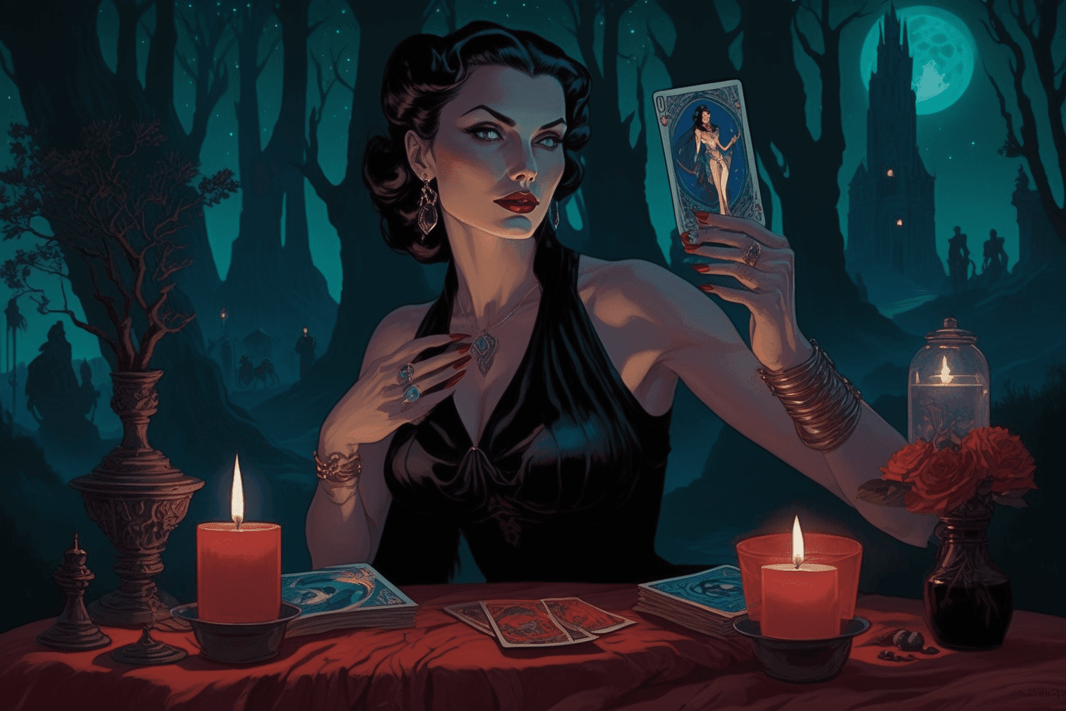 Mystical woman at a table with tarot cards and candles in a moonlit forest setting.